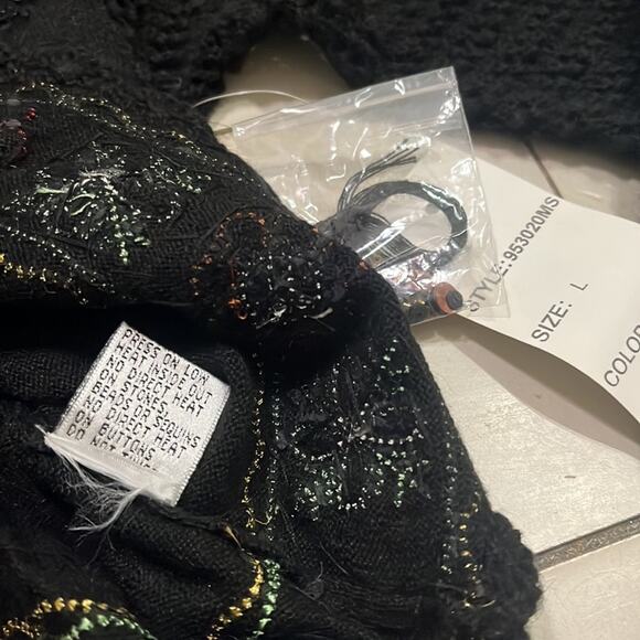 Vintage Knit Cardigan Sweater Black Bead Vegan Leather Trim Satin Medium - Picture 7 of 16